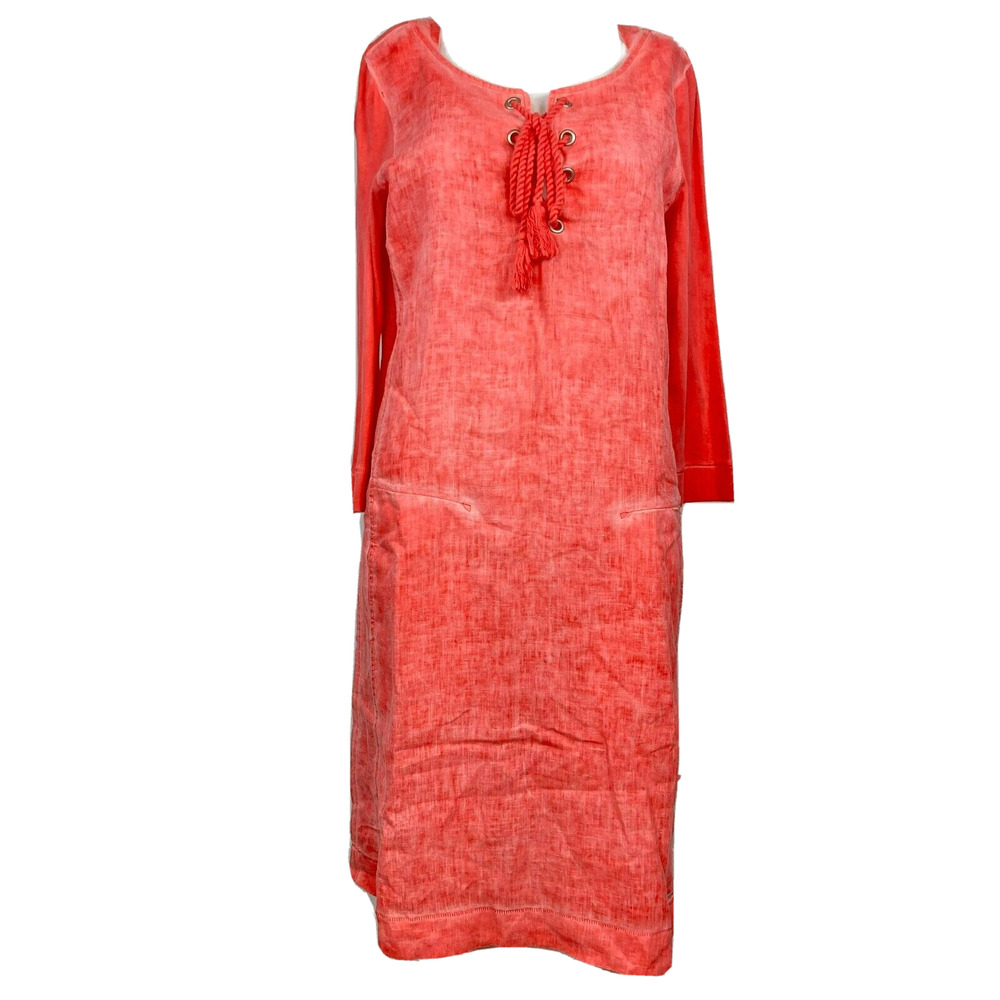 Sandwich Dress Womens Sz 38 M Coral Orange Linen Shift Laced‎ Collar Long Sleeve